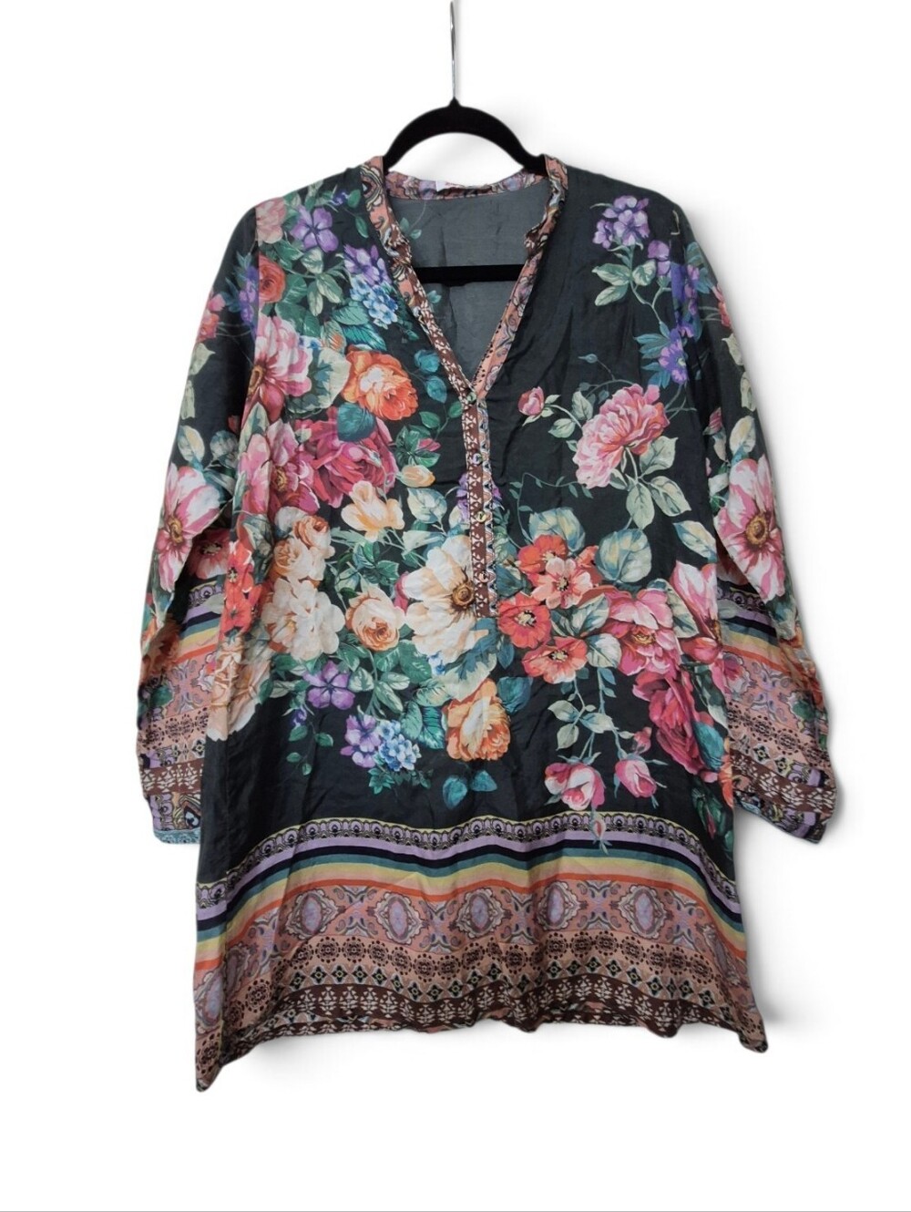 Johnny Was "Bethia" Floral Mixed-Print SILK Tunic Top XS